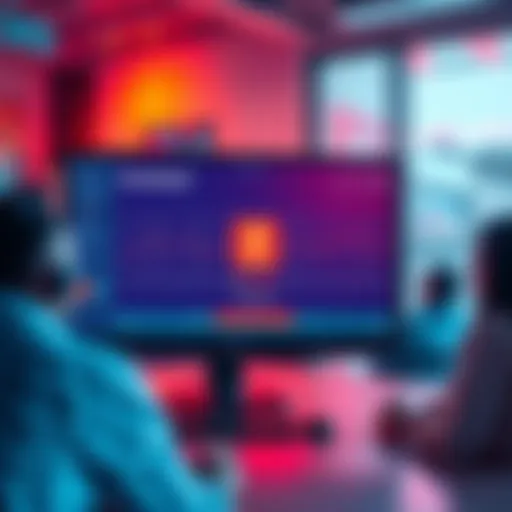 A screen showing a download indicator that decreases after reaching a set data limit, with frustrated users in the background discussing solutions.