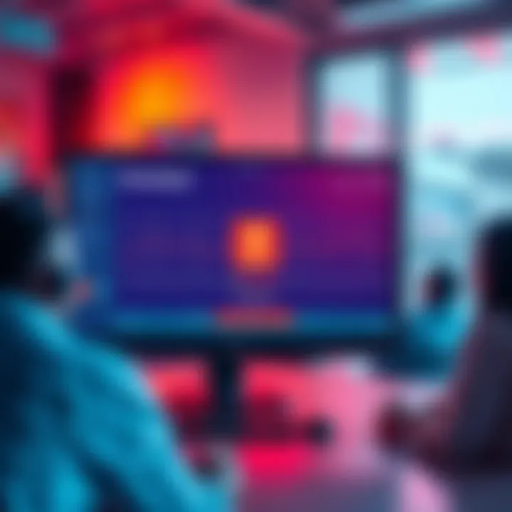 A screen showing a download indicator that decreases after reaching a set data limit, with frustrated users in the background discussing solutions.