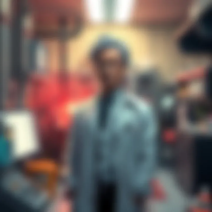 Dr. Garaki in his lab Dr. Garaki stands in a laboratory surrounded by advanced equipment and Quirk samples, showcasing his ability to manipulate Quirks.