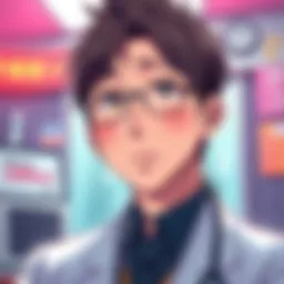 Dr. Hiriluk looking curious, pondering his name question, in a colorful anime style