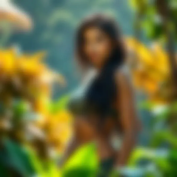 Dr. Kureha in Amazonian setting Dr. Kureha stands confidently in a lush, green Amazonian landscape, showcasing her youthful features and strong physique.
