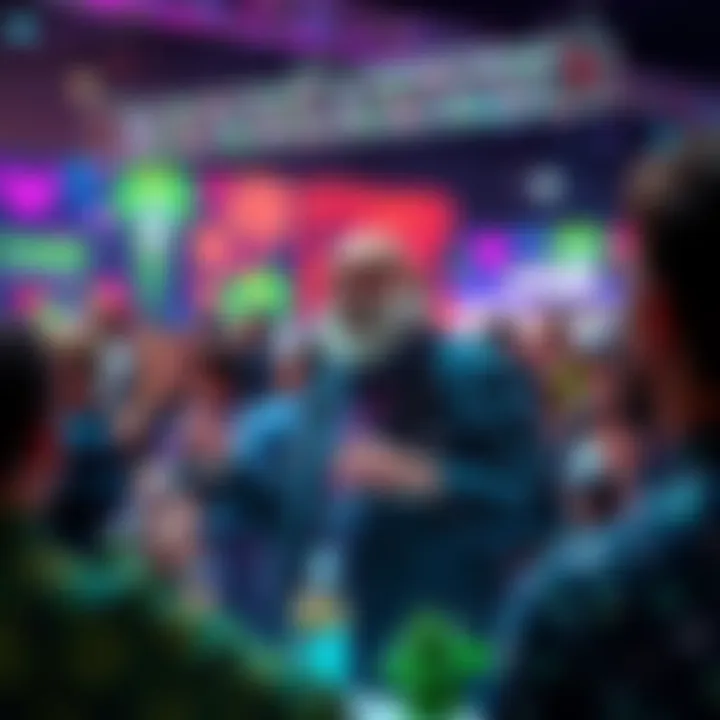 A depiction of Dr. Stoned speaking at a cannabis event, engaging with an audience and showcasing cannabis products.