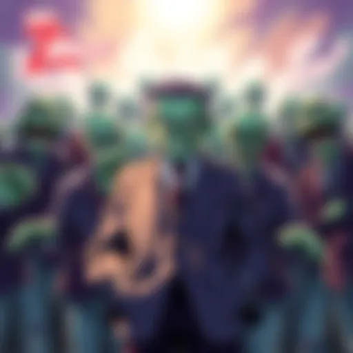 Dr. Zomboss stands confidently with his undead army behind him, ready to challenge the heroes of My Hero Academia.