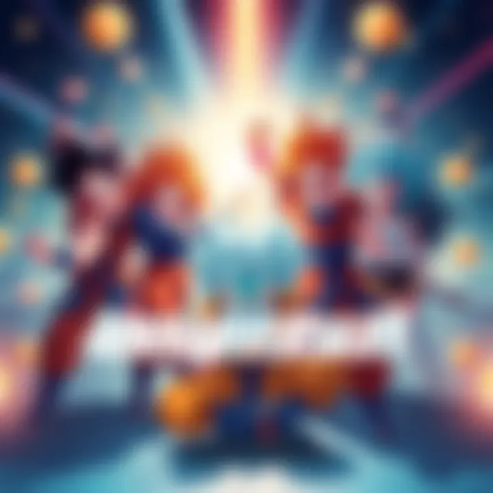 A colorful illustration of Dragon Ball characters celebrating together, showcasing their iconic looks and poses.