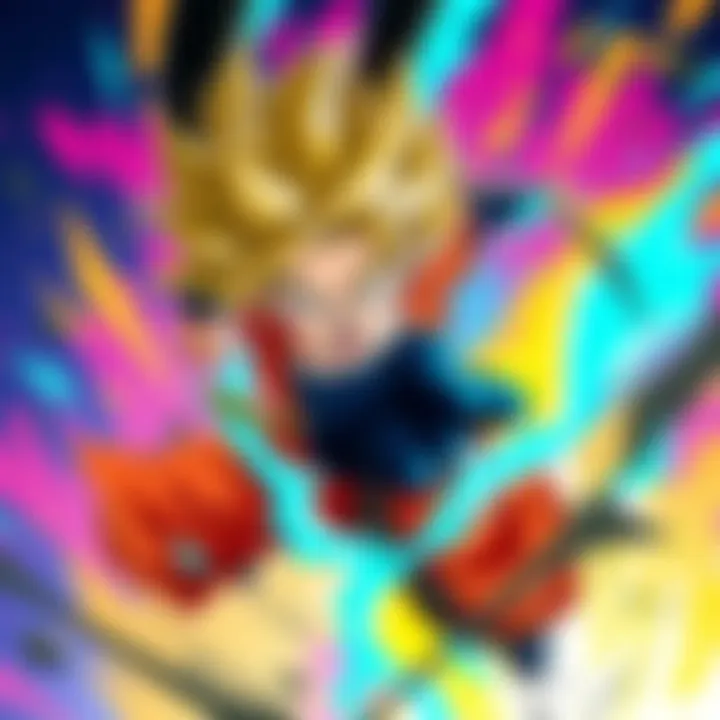 Colorful artwork showcasing a dynamic Dragon Ball character in action, featuring bold lines and vibrant colors.