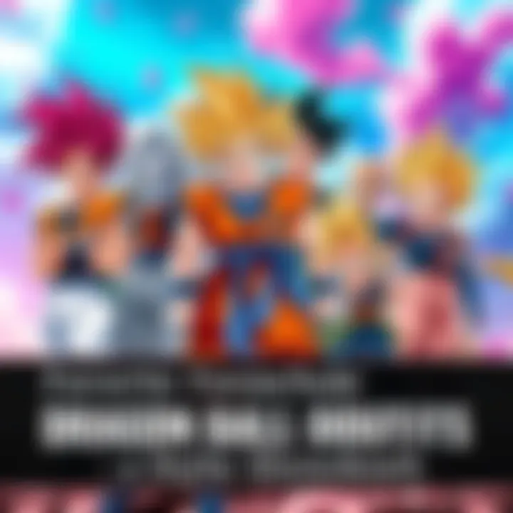 Various Dragon Ball characters showcasing their unique outfits in a colorful and dynamic scene
