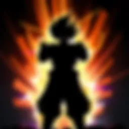A shadowy figure representing a character from Dragon Ball, surrounded by energy aura and action effects.