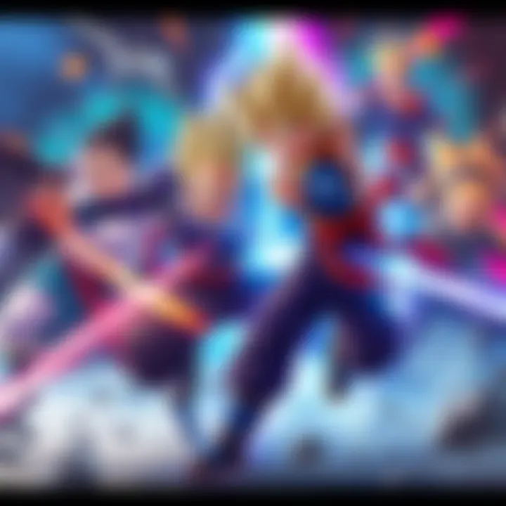 Concept art showing Dragon Ball characters teaming up with new heroes in a vibrant battle scene