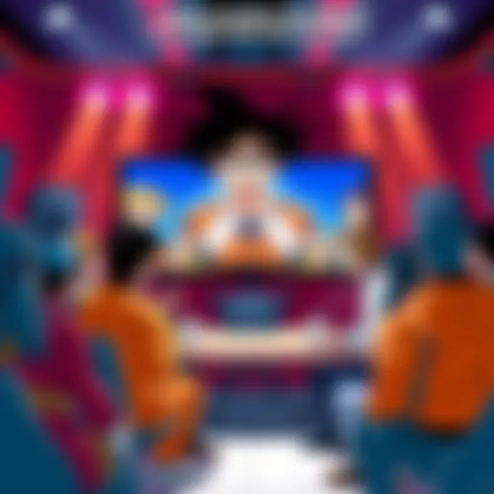 A group of fans debating whether Dragon Ball is an anime or cartoon, showing characters from the series like Goku and Vegeta on a screen behind them.