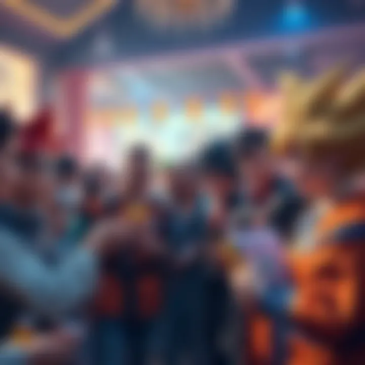 A group of Dragon Ball fans discussing new theories and upcoming releases, showcasing merchandise and animated characters in a lively setting.
