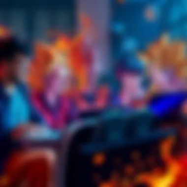 A group of people laughing while making Dragon Ball memes on their laptops with colorful graphics around them