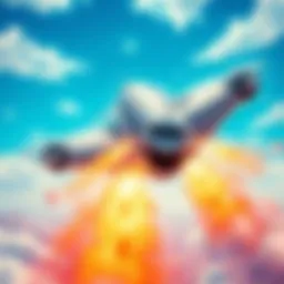 A vibrant scene showcasing Nimbus flying through a blue sky, with energy waves representing ki charge sounds from Dragon Ball.