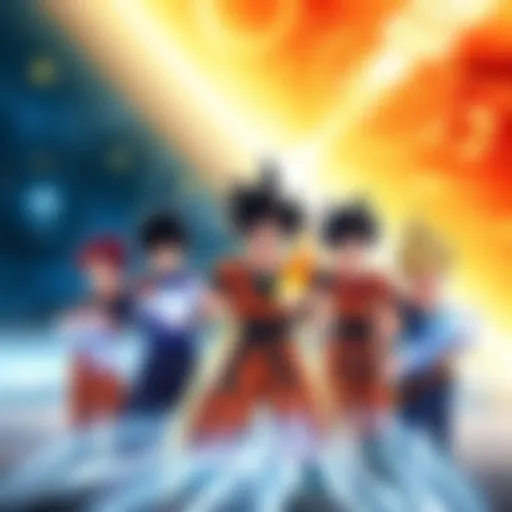 A group of Dragon Ball Super characters showcasing their powers and abilities with a cosmic backdrop representing outerversal concepts.