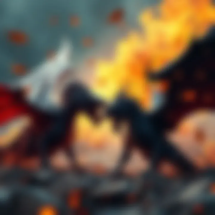 A fierce Dragon and a Blade Dragon clashing in an epic battle with flames and sparks flying