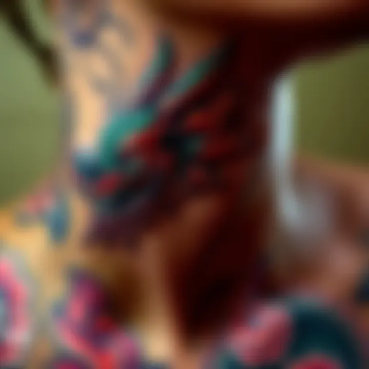 A close-up of a dragon tattoo design on a person's neck, showcasing vibrant colors and intricate details.