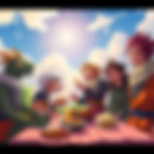 The Dragon Team enjoying a picnic together, laughing and sharing food under a sunny sky.