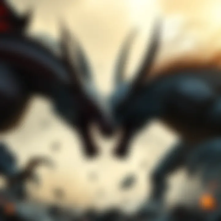 A fierce battle scene with Dragon and Monster Garou in a standoff, showcasing their equal speed and readiness for combat.