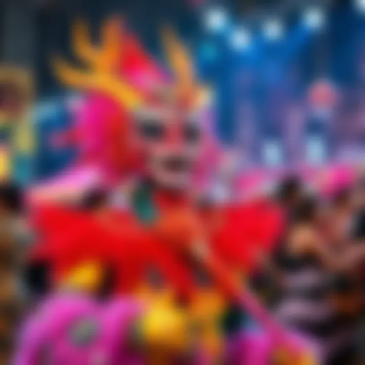 A vibrant Dragona Jostar performer in a dazzling costume, showcasing bold colors and striking accessories during a lively event.