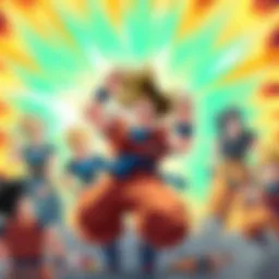 An illustrated scene depicting Goku performing the Kamehameha energy wave, surrounded by characters from the Future Trunks saga.