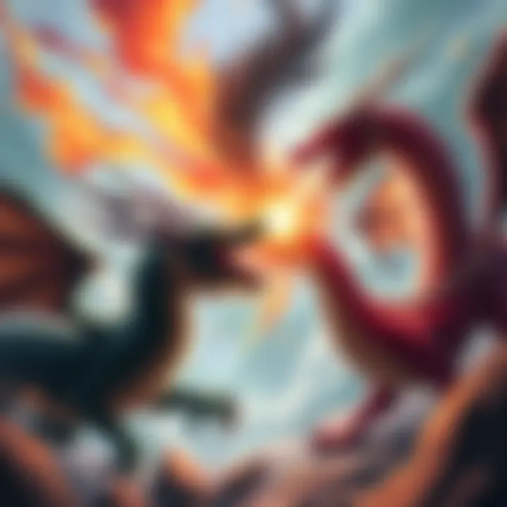 Two dragons clash in an epic fight, showcasing their power and intensity, with fiery breath and dramatic poses.
