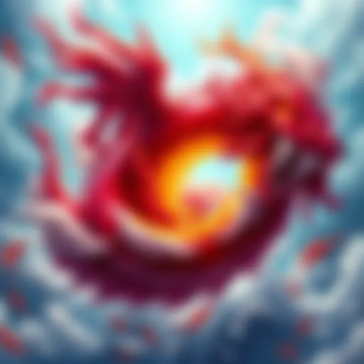 An imaginative depiction of a swirling, colorful fruit representing the Dragons devil fruit, surrounded by elements of wind and weather, symbolizing its possible nature as a wind logia or a mythical w...