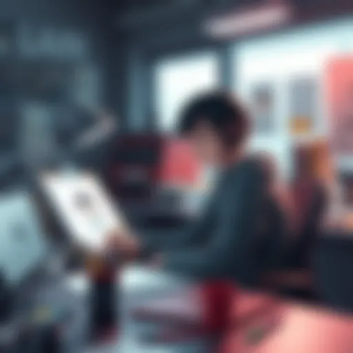 An artist sketching Lain at a desk with drawing supplies