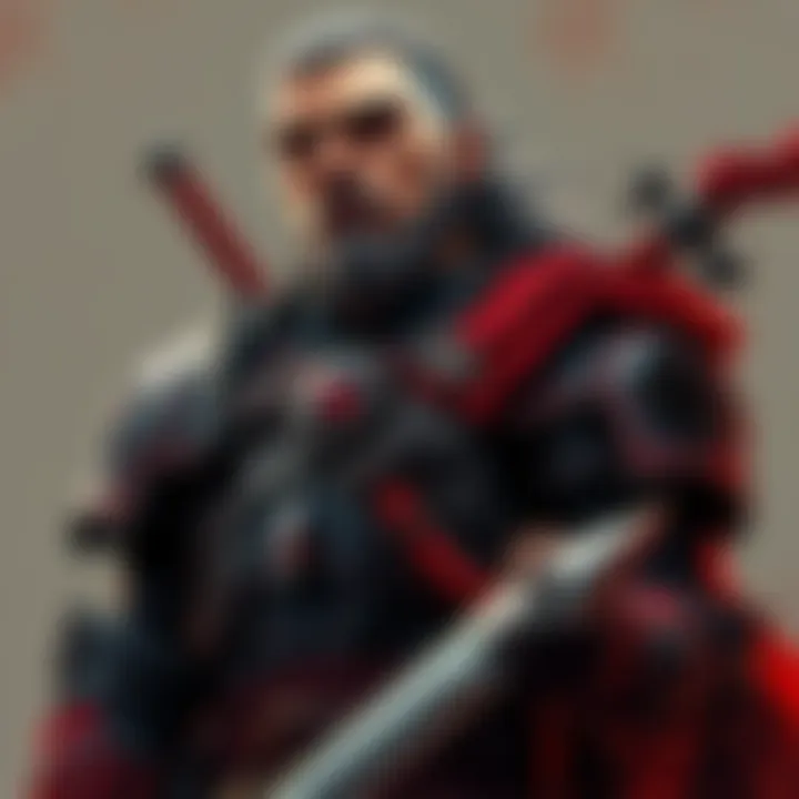 Drawing of Guts Character Detailed drawing of Guts, a character with a strong pose and intense expression, showcasing his armor and weapon.