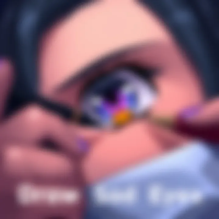 An artist drawing sad anime eyes on a character, focusing on the eyes to show emotion
