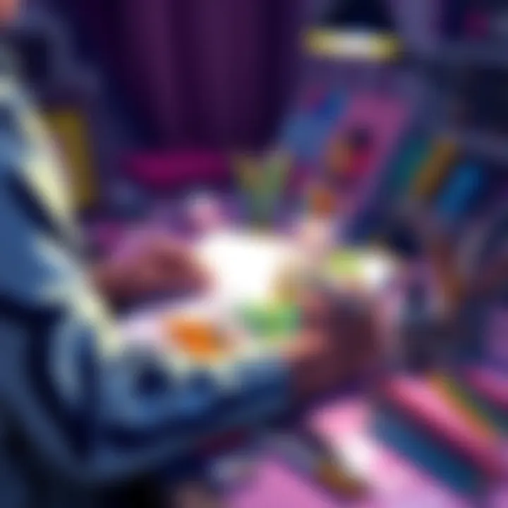 A person sketching a colorful JoJo character with art supplies on a table