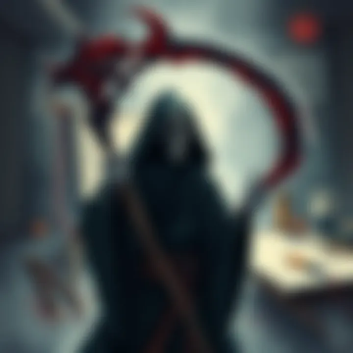 A detailed illustration featuring Death, personified with a dark cloak and a skeletal face, holding a scythe. Background hints at an artistic workspace with sketches and writing materials.