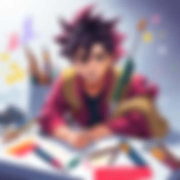 An illustration of DIO, a character with a distinct hairstyle and outfit, showcasing the artistic process with colorful sketches and tools scattered around.