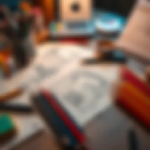 An artist's workspace showing drawing tools like pencils and unfinished sketches on a table