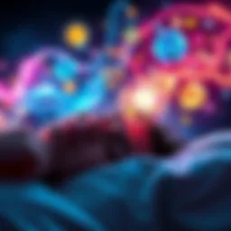 A person sleeping peacefully with vibrant dream bubbles showing artistic ideas and inspiration