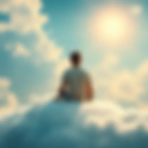 A person sitting on a cloud, dreaming of their aspirations with a bright sky in the background