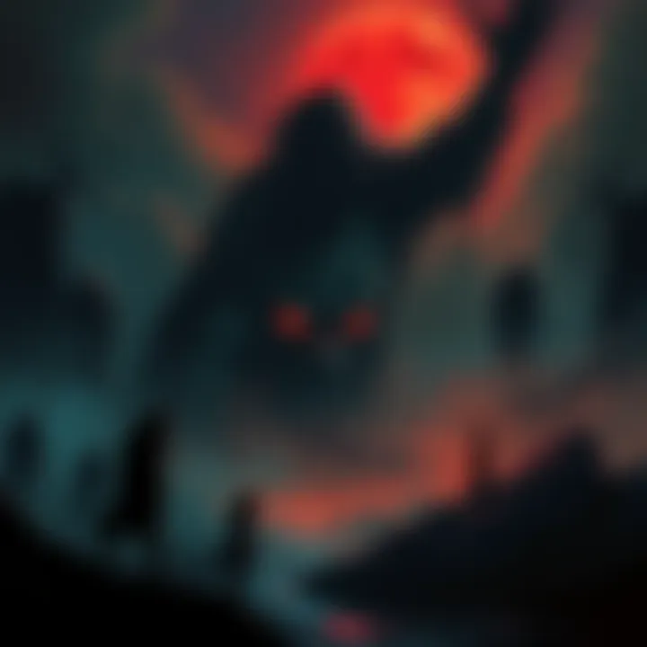 A surreal dreamscape illustrating Oda's fears and creativity, with dark shadows and haunting figures in the background.