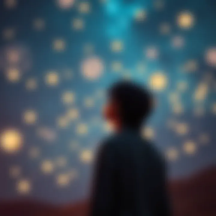 A person gazing at glowing orbs in a night sky while reflecting on dreams