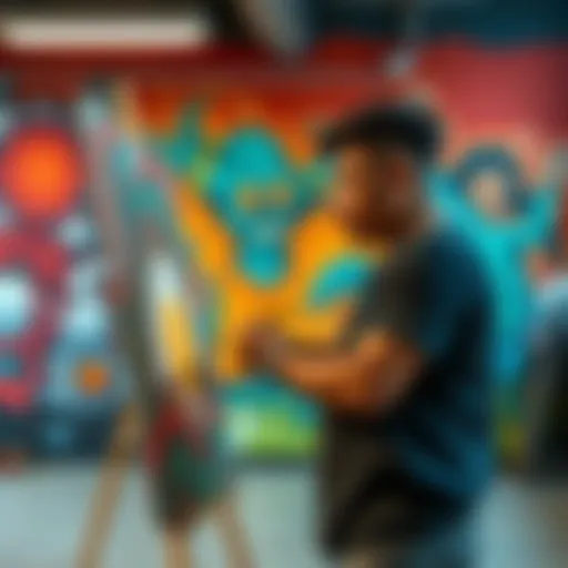 Drew Himeno creating a vibrant mural in a community space, showcasing his unique art style.