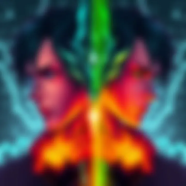 A character with two contrasting personalities, one representing strength and the other representing wisdom, illustrating their potential mastery over multiple Nen abilities.