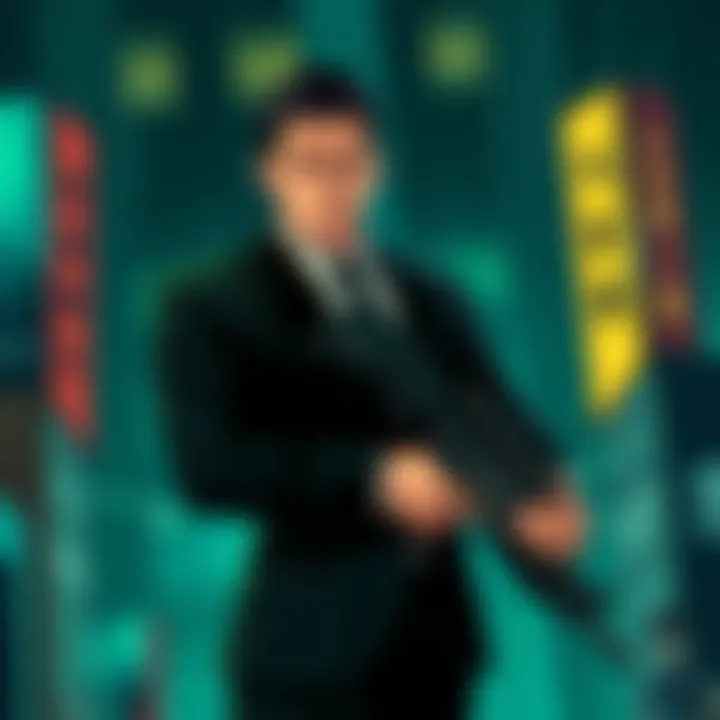 Duke Togo posing confidently Duke Togo, also known as Golgo 13, stands confidently with a serious expression, dressed in a black suit and holding a rifle.