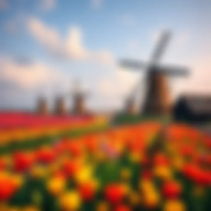 Scenic view of traditional Dutch windmills surrounded by colorful tulip fields in the Netherlands
