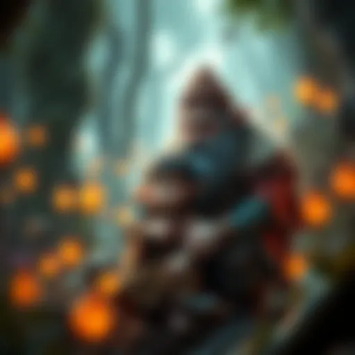 A dwarf father and his elf child share a moment, surrounded by a magical forest filled with glowing plants and mythical creatures.