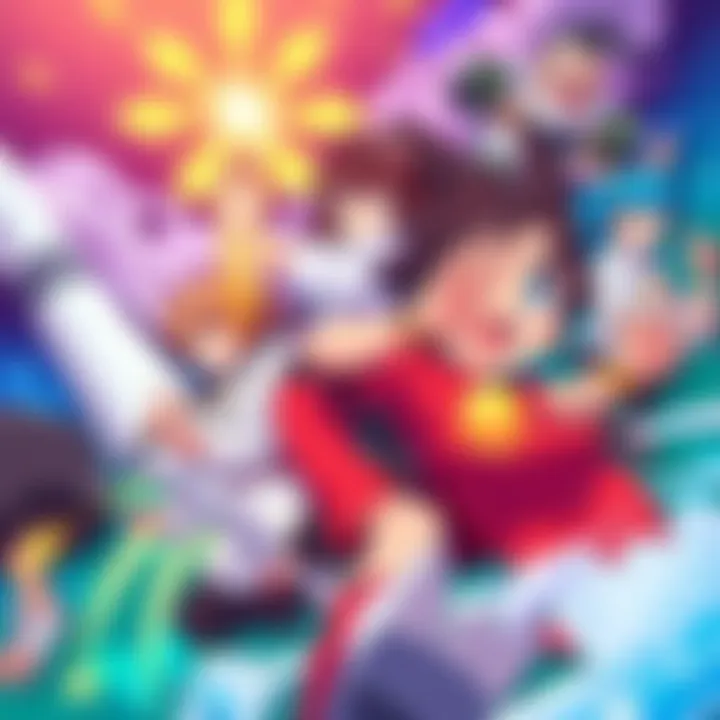 A colorful scene featuring various dynamic anime characters from different genres showcasing action and emotion.