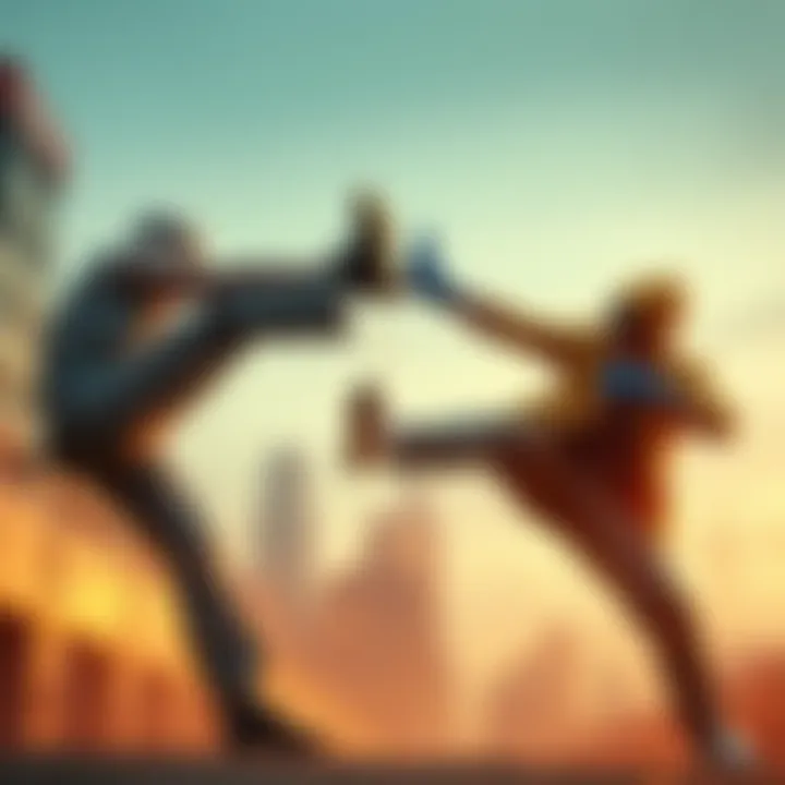 Two thugs showcasing their powerful kicks, one in a defensive pose and the other in an attacking stance, set against an urban backdrop, hinting at their teamwork in the film Victory Road.
