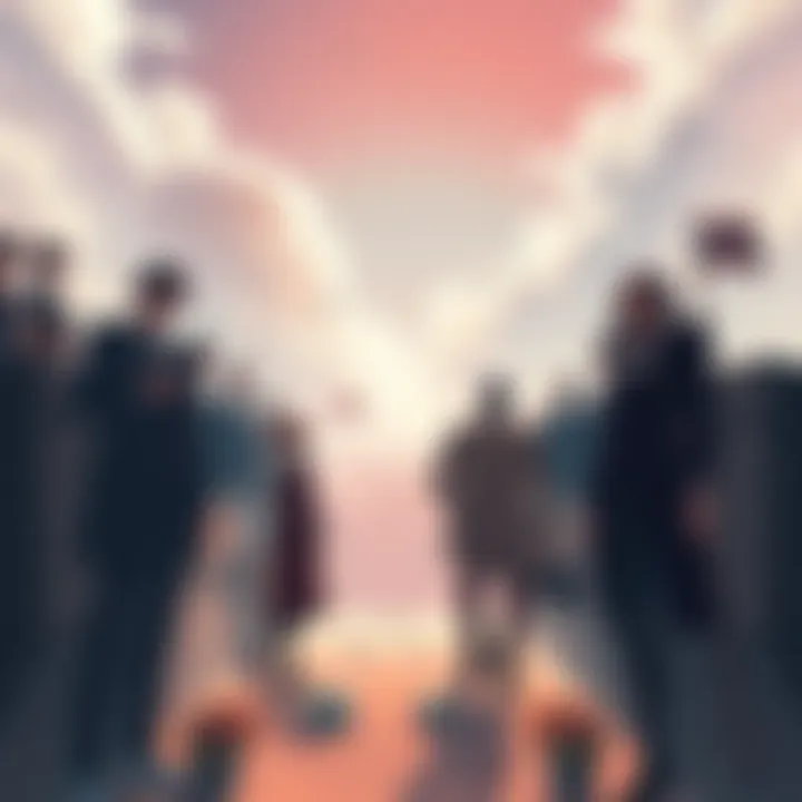 A scene showing characters from dystopian anime and manga, highlighting class division with a clear divide between the high-class setting above and a lower-class area below.