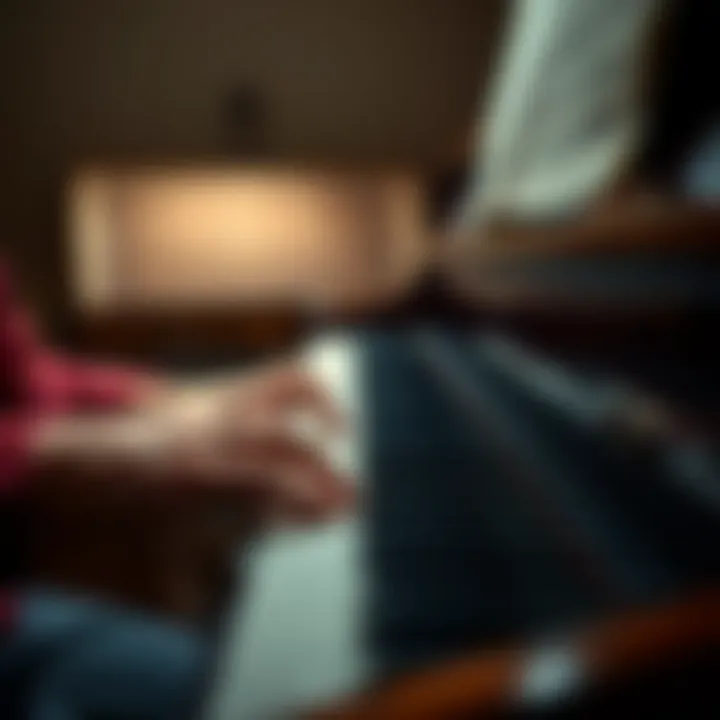 A close-up of a pianist's hands playing lower piano keys, creating a somber atmosphere with sheet music visible on the stand.