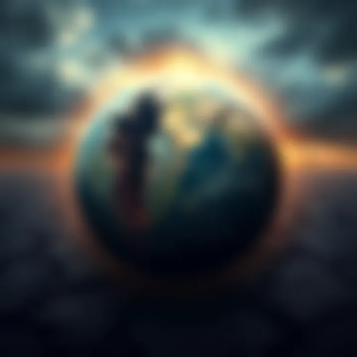 A cracked earth symbolizing the threats to humanity's survival as a dark sky looms above.