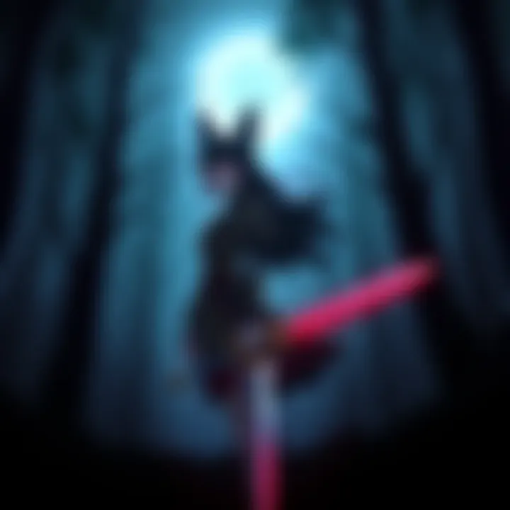 Eclipse stands in a dark forest, her faunus ears alert and eyes fierce, a sword in hand as she faces looming shadows of Grimm. Her expression shows determination amid the gloom.