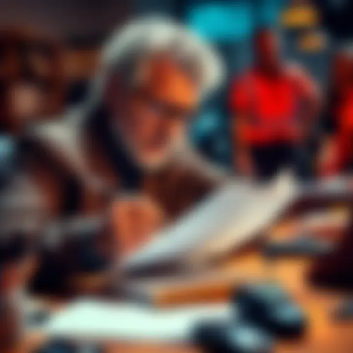 A focused editor examines a manuscript with a red pen, making notes and corrections on paper.