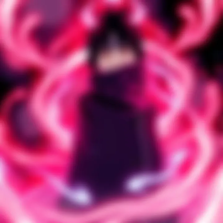Edo Itachi standing with a serious expression, surrounded by swirling energy as he activates Reanimation Jutsu, showcasing his unique eye pattern and dark clothing.