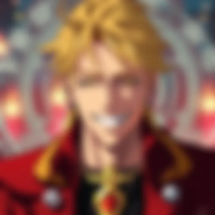 Art of Edward Elric smiling, with alchemical symbols in the background